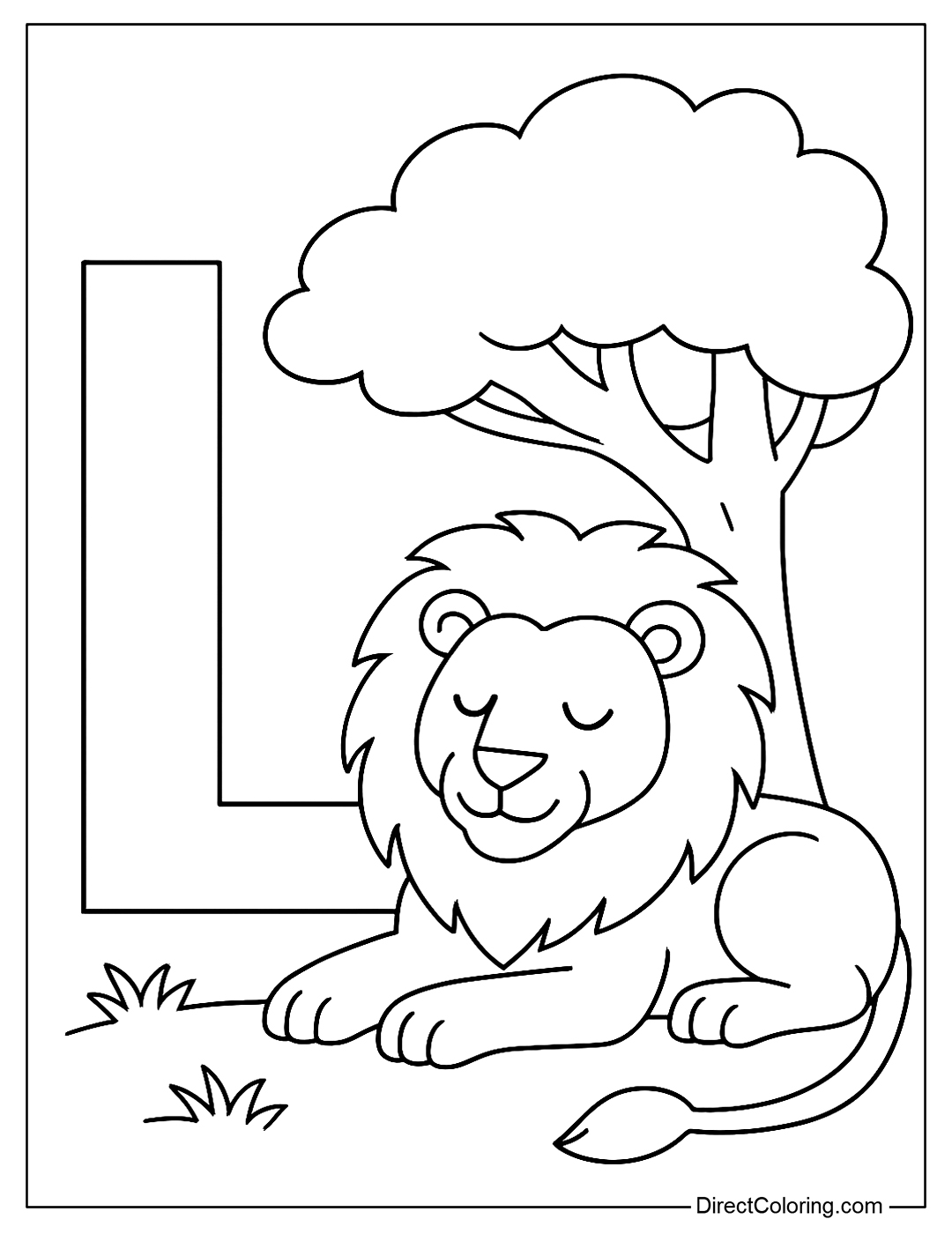 A coloring page of the letter L with a majestic lion resting under a tree.